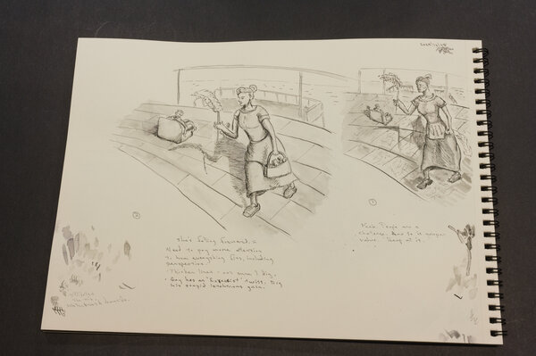 A couple of pen and ink with light wash concepts of a female cleaning staff dusting in the foreground while a lecherous man looks at her from the background.