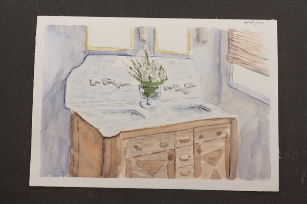 A watercolor of a bathroom vanity with a blue/white marble counter and fancy wooden cabinet. I struggled with both of those surfaces in this watercolor.