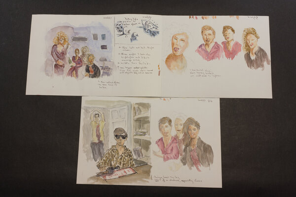 A couple of attempts at watercolor faces based on a video frame from the movie 'Better Off Dead' with Badger in his room with older, sexy women.