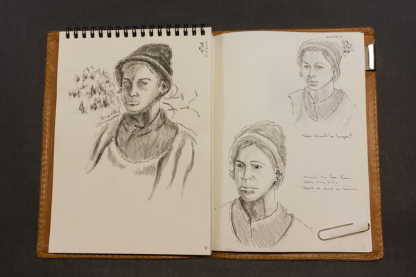 A couple of attempts at watercolor faces based on a video frame from the movie 'Better Off Dead' with Badger in his room with older, sexy women.