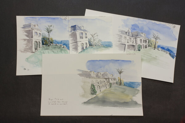 A collage of three watercolor attempts of a beach-front mansion.