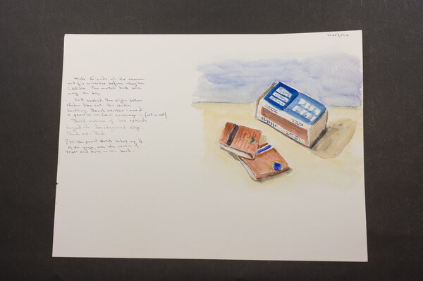 A still life of a Blue Diamond box of matches in the background with two red-covered books of  matches in the  foreground. An okay attempt. Better color than some previous pieces.