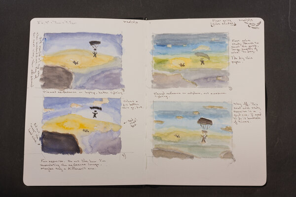 Quick watercolor color studies of a sunset skydive with one figure falling without a parachute. I need a lot of practice mixing and blending colors.