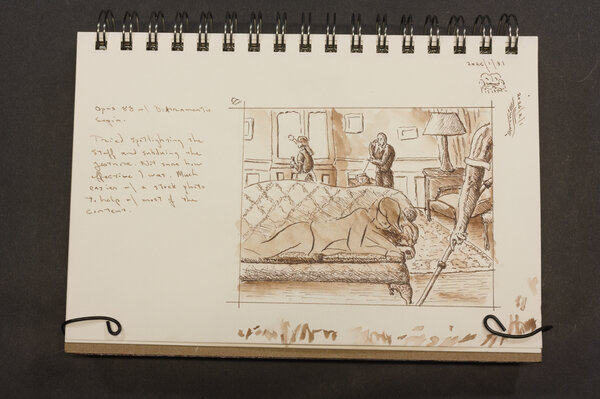 Pen and ink wash of mansion staff going about their business, cleaning and answering the phone, while a gesture drawing lays on the couch (dead).