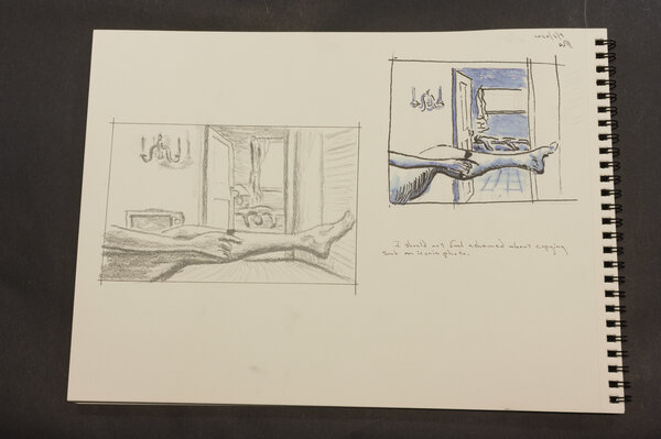 Two versions of a modified "The Graduate" movie poster with Dustin Hoffman replaced by a room with a dead, slumped body.
