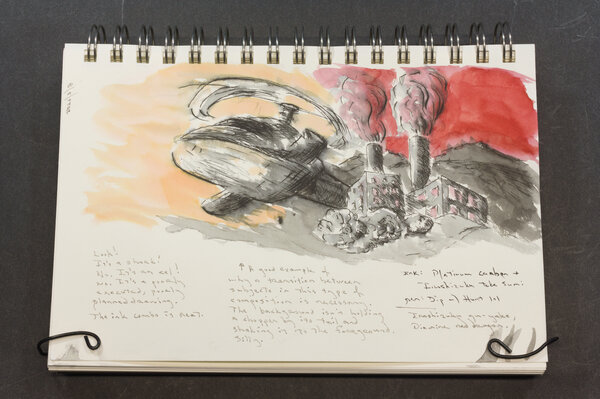 A pen and ink drawing of a helicopter flying away from a power plant in the distance. A rushed drawing with a mixture of permanent and water soluble black inks to create a wash with lines intact, then I added some red and yellow wash. I didn't have a plan and wanted to play with ink. This turned into a movie-poster style with the helicopter the main focus; not planned, poorly executed. Had fun with it.