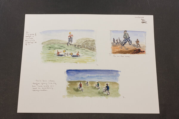 Three watercolor sketches of kids on bikes. A couple of them jumping bikes, and one of a group riding. Very remedial watercolor.