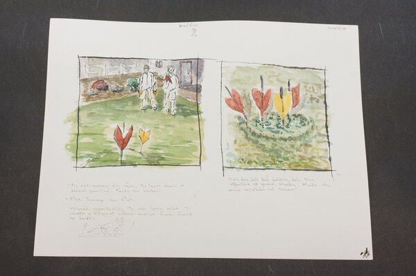 A couple of watercolor sketches of lawn darts. The first one is a group of jarts with dabs of green to simulate grass. The dabs of green didn't wor out. The second one is a couple of figures in a yard throwing lawn darts. It's a bit flat, too dark and not enough shadows, and a solid attempt that I don't mind.
