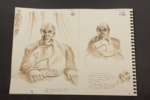 Pen and ink wash in brown of a man at a posh restaurant dinner table with a napkin tucked in his neckline. Reference image was from an Alfred Hitchcock presents still.