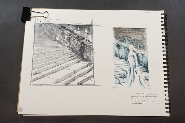 Couple of sketches. One pen and ink wash of a female figure in a gown standing on stairs to a fancy event with a pile of ash next to her. The other is a black and white of stairs.