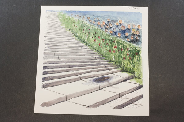 Watercolor of a flight of stairs with a burnt ashy mark on one of the landing ones. A green border wall in the background with faceless heads in the far background.
