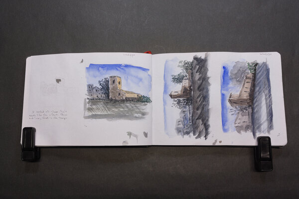 Three attempts at a watercolor of an old mission style building with a tower and rounded corner end, with a back drop of poor neighborhood buildings.