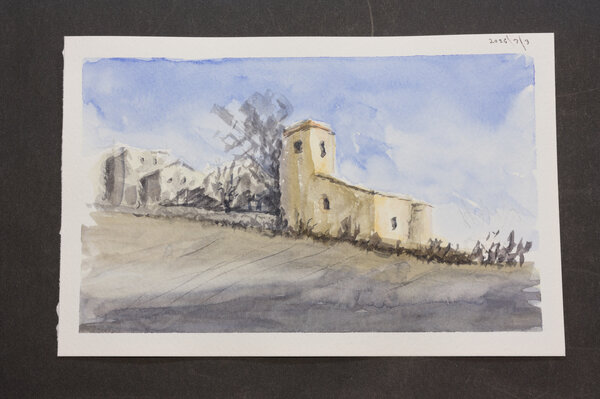 One attempt at a watercolor of an old mission style building with a tower and rounded corner end, with a back drop of poor neighborhood buildings.