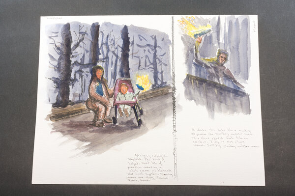 A couple of watercolor sketches of people holding a flaming Molotov cocktail. One of a dark dressed guy in a hoodie. The other a baby in a stoller with mom kneeling next to her.