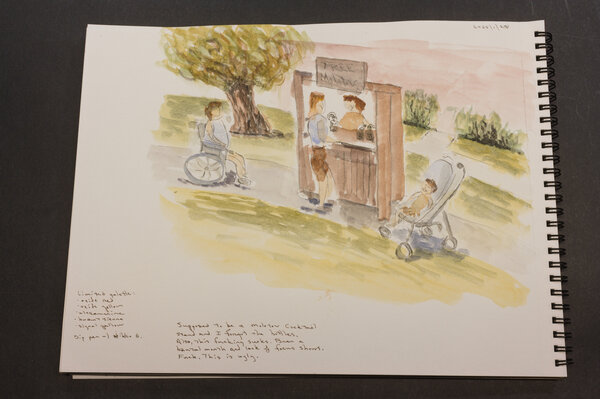 A very childish looking, crude watercolor of a lemonade (molotov) stand with a few people including a child in a stroller and person in a wheelchair. A very ugly piece.
