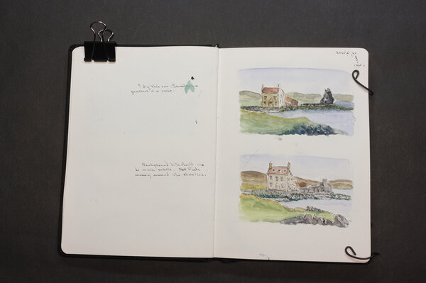 Two watercolor attempts at a Shetland countryside manor on a shoreline with a servants house extended off the main building. Giving up on this round. Slightly better than the previous ones I've tried.