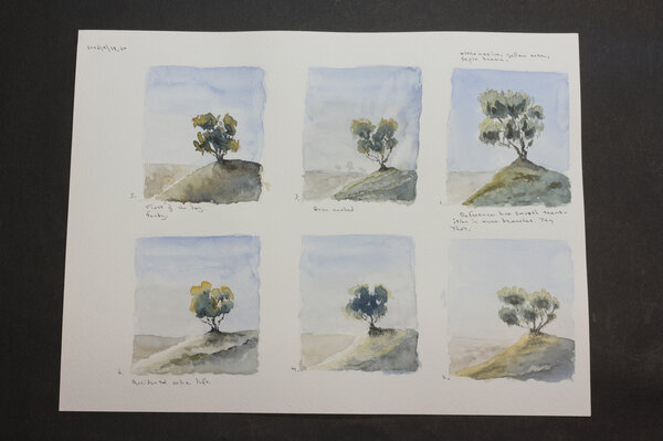 Six watercolor attempts at a tree on a hill with a limited palette of ultramarine, yellow ocre, and sepia brown.