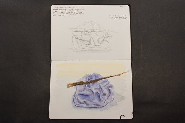 A watercolor still life of a stick blue rag, both sourced from around the house. Both painted poorly because I made the rag too difficult with folds, and failed at color control throughout the whole piece.