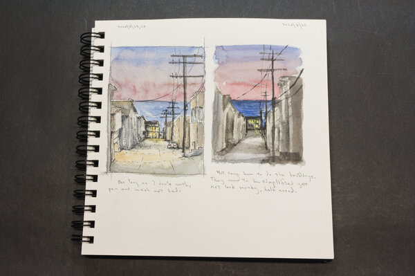 Two versions of a scene looking down a street toward a the beach with houses on both sides. One version in pen and wash, the other in watercolor.