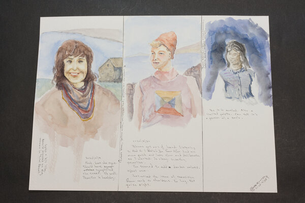 Three female watercolor portrait attempts with limited palettes. One primarily blue and brow, the others yellow ocre, Venetian red, and cobalt blue.