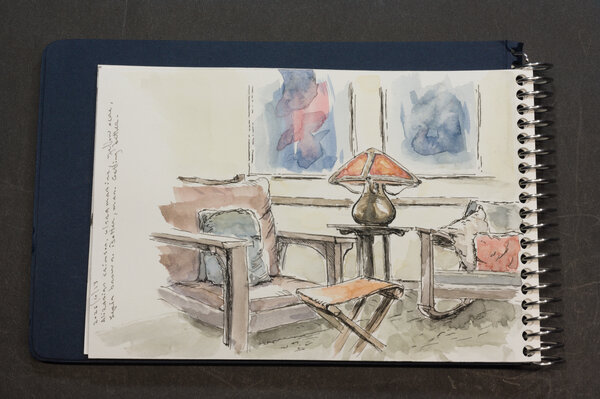 A watercolor attempt of a mid-century styled room - chairs, lamp, paintings - referenced from an old American Bungalow article.