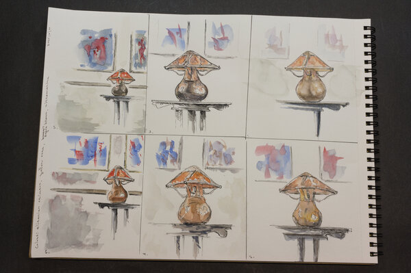Six watercolor attempts of a mid-century craftsman lamp from an old American Bungalow magazine.