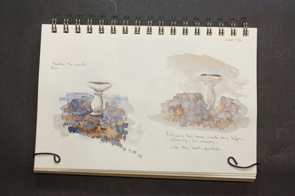 Two watercolor attempts of a bird bath from my yard.