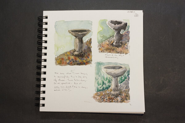 Three watercolor attempts of a bird bath from my yard.