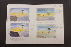 Quick watercolor color studies of a sunset skydive with one figure falling without a parachute. I need a lot of practice mixing and blending colors.