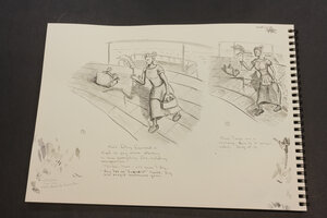 A couple of pen and ink with light wash concepts of a female cleaning staff dusting in the foreground while a lecherous man looks at her from the background.