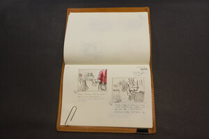 A couple of concept sketches of waitstaff carrying plates and knives to a table in a restaurant. The intention is to imply the customers will be murdered.