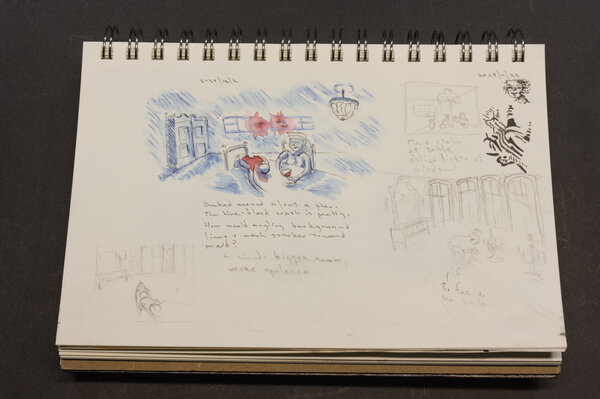 A couple of sketches of a cleaning service worker sitting at the table of a dead client. Very, very crude, rough sketches.