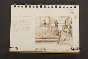 Pen and ink wash of mansion staff going about their business, cleaning and answering the phone, while a gesture drawing lays on the couch (dead).