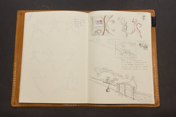 Rough sketches of a drone carrying a bag over the fence line of a palatial estate with tiny people in the distance at a garden party.