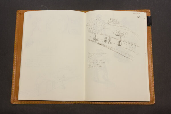 Rough sketche of two figures piloting a drone that carries a bag over the fence line of a palatial estate with tiny people in the distance at a garden party.