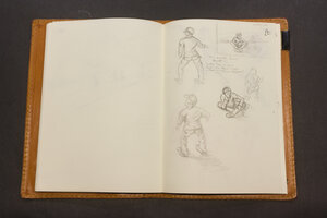 Rough pencil sketches of youths, one sitting cross legged and the other standing facing away. All are attempts at figures from a forced perspective of looking down at them.