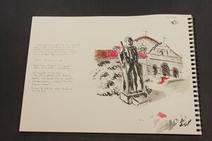 A sketch of the Mission San Antonio de Padua, California mission using a ruling pen nib with a bit of wash. There's a bit of red on the roof and a blood pool in the mostly grayscale sketch.