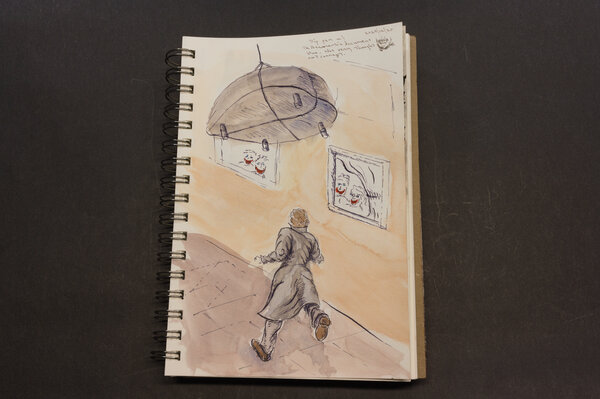 A very rushed and poorly executed forced perspective drawing of a man under a raised piano by a building with laughing faces in the window.