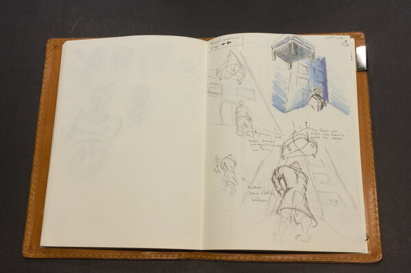 A couple of rough sketches to practice forced perspective. The view is looking up from below a person with a piano lifted above them.