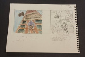 A very rushed and poorly executed forced perspective drawing of a man under a raised piano by a building with laughing faces in the window.