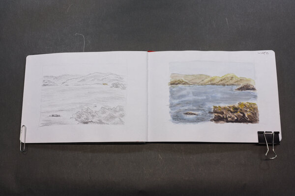 Second attempt at a watercolor of a gloomy Shetland seaside picture I found in a Shetland knits book. This version is of a smaller portion of the photo and includes only the right seaside rocky short in the bottom right and rolling hills in the background.