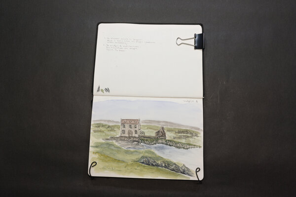 A watercolor attempts at a Shetland countryside manor on a shoreline with a servants house extended off the main building. Not very good, and it prompted me try again.