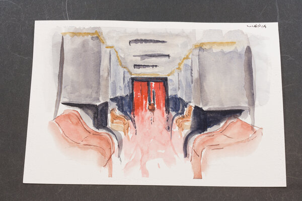 A watercolor of the elevator from 'The Shining' before the doors opened and blood came out. This version has the bottom elements fading downward, somewhat of a melting look of the chairs and black panel walls falling through the floor. Not very good interpretation.
