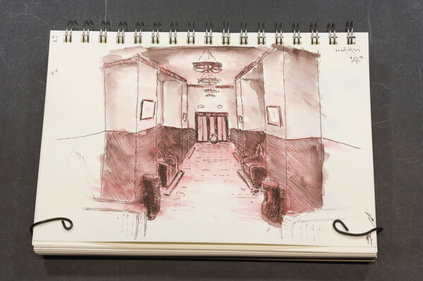 A pen and ink wash of 'The Shining' elevator still frame before the doors opened and blood came out. The ink is a mix of permanent black with red and sepia, the latter used as the wash with a water brush to add a red hue over everything.