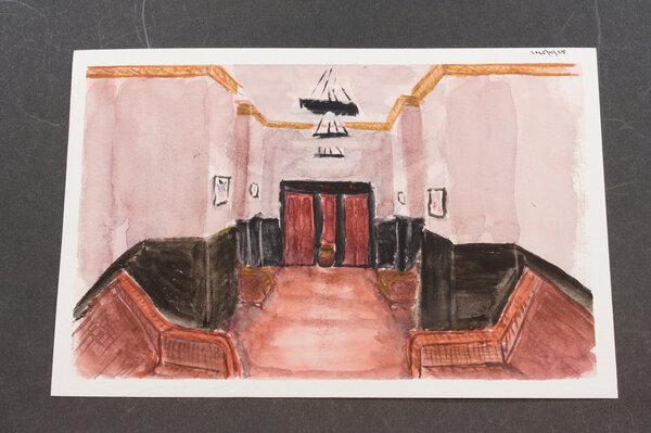 A watercolor of a photo still of the elevator from 'The Shining' before the doors opened and blood poured out. The painting  is dominated by red and black. Not a very good rendition.