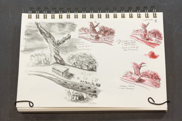 A few sketches of a stone bench on a knoll with a large tree branch in the background. Three of the versions are with different combinations of permanent black ink and non-permanent red and browns. The bigger, fourth version is done with a black carbon pencil. All versions applied with a water brush to produce a watercolor style wash.