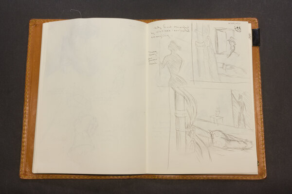 A couple of rough pencil sketches of a man laying on a bed seen from the back with the silhouette of a woman in the doorway in the background.